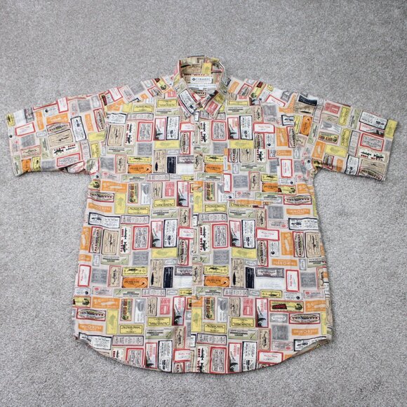 Columbia AOP Shirt Mens Medium Beige Fishing All Over Print Cotton S/S Button Up - Picture 1 of 13